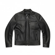 close-up-lay-flat - Men's Cafe Racer Leather Jacket, Black Leather Jacket, Distressed Leather Jacket, Slim Fit Leather Jacket