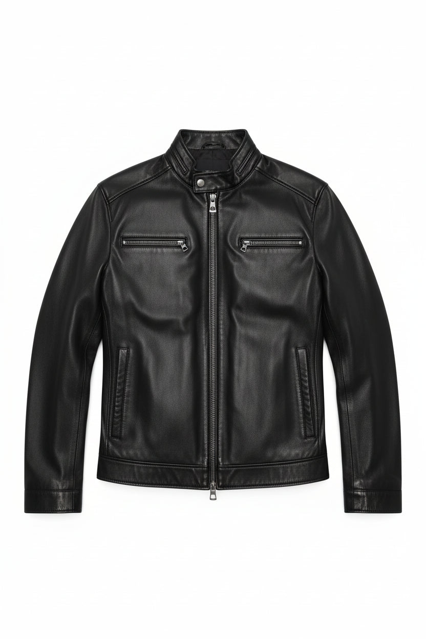 close-up-lay-flat - Men's Cafe Racer Leather Jacket, Smooth Leather Biker Jacket, Men's Motorcycle Jacket, Leather Moto Jacket