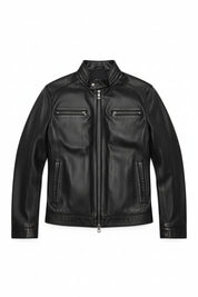 close-up-lay-flat - Men's Cafe Racer Leather Jacket, Smooth Leather Biker Jacket, Men's Motorcycle Jacket, Leather Moto Jacket