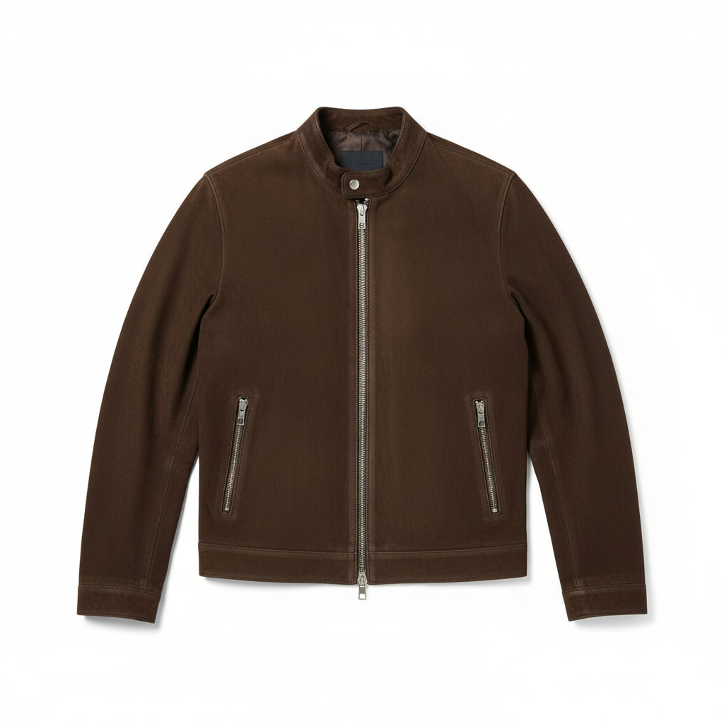 close-up-lay-flat - Men's Cafe Racer Suede Jacket, Suede Biker Jacket, Suede Motorcycle Jacket, Men's Racer Style Jacket