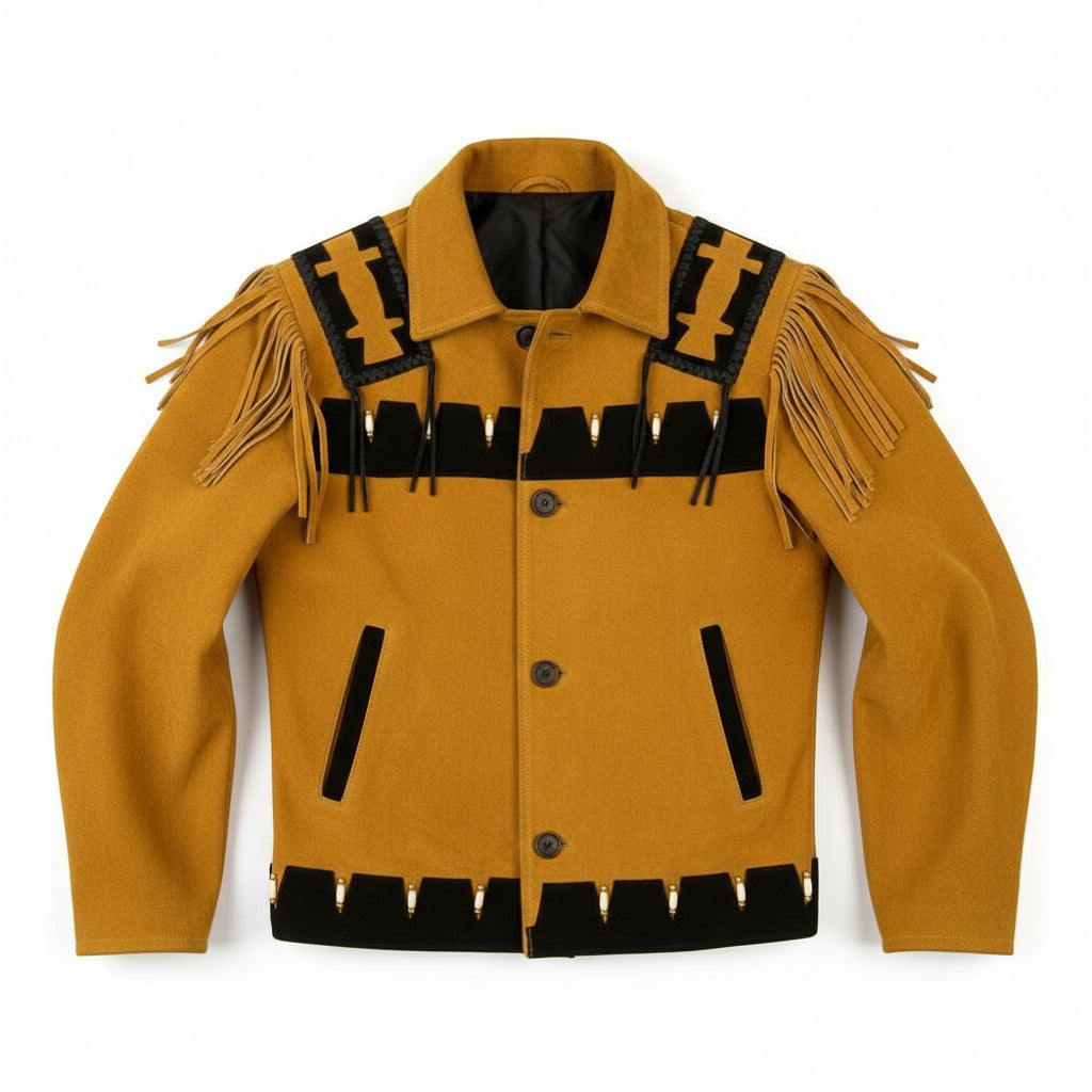 close-up-lay-flat - Men's Cowboy Suede Leather Jacket with Fringes and Beadwork