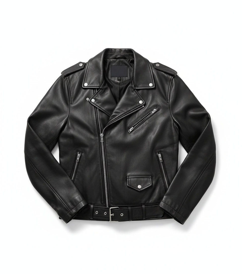 close-up-lay-flat - Men's Customizable Black Biker Leather Jacket
