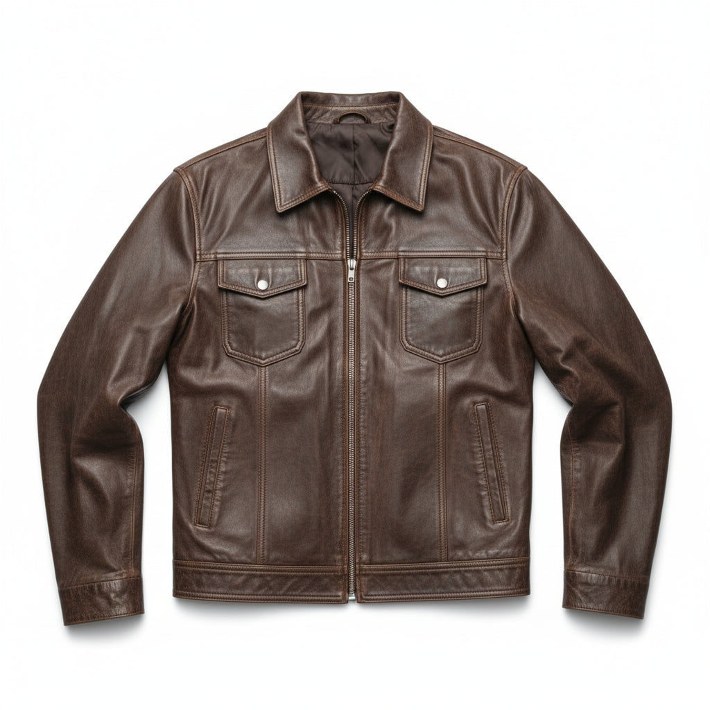 Men's Handmade Leather Trucker Jacket, Center Front Zip Jacket