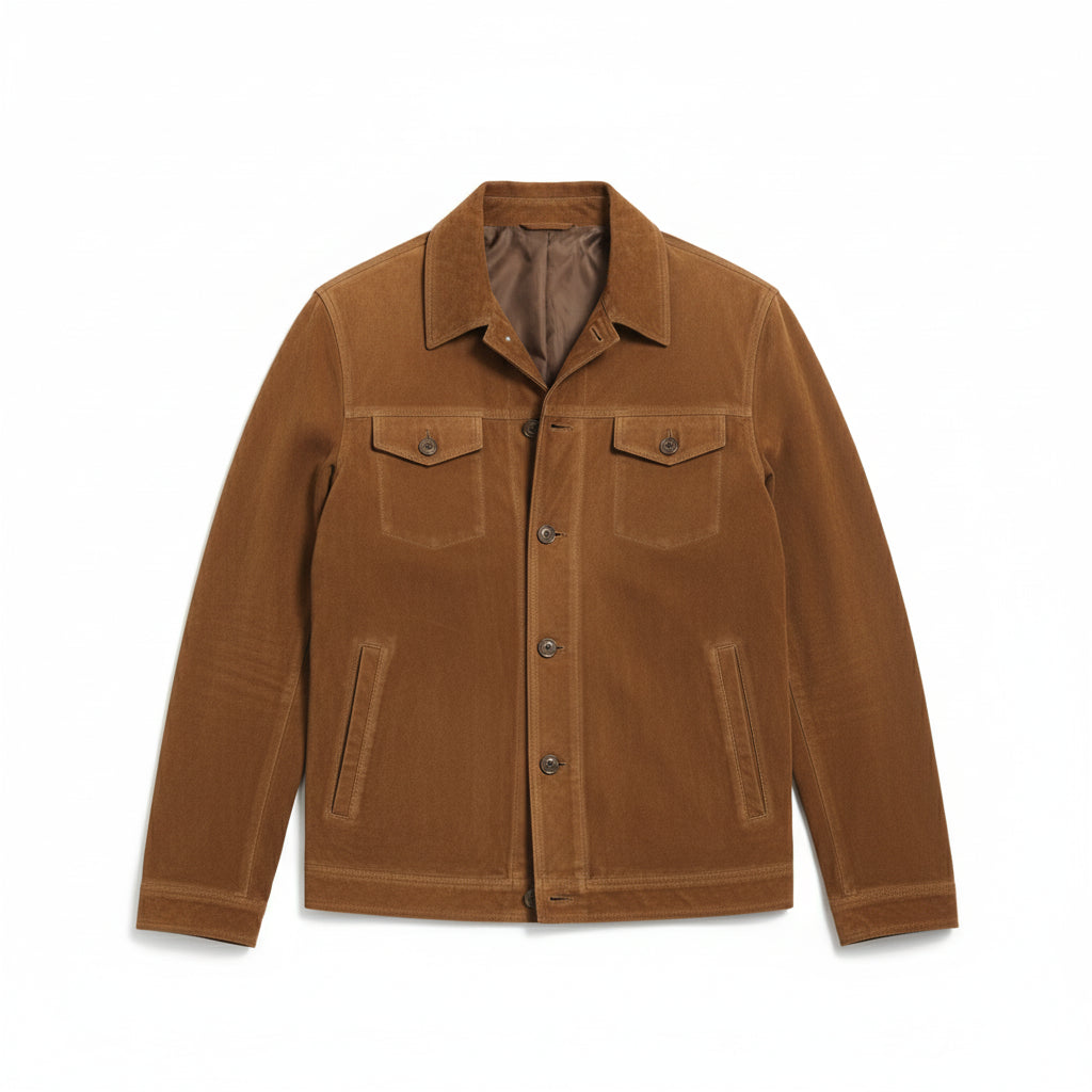 close-up-lay-flat - Men's Field Jacket, Suede Safari Jacket, Brown Suede Jacket, Outdoor Leather Jacket