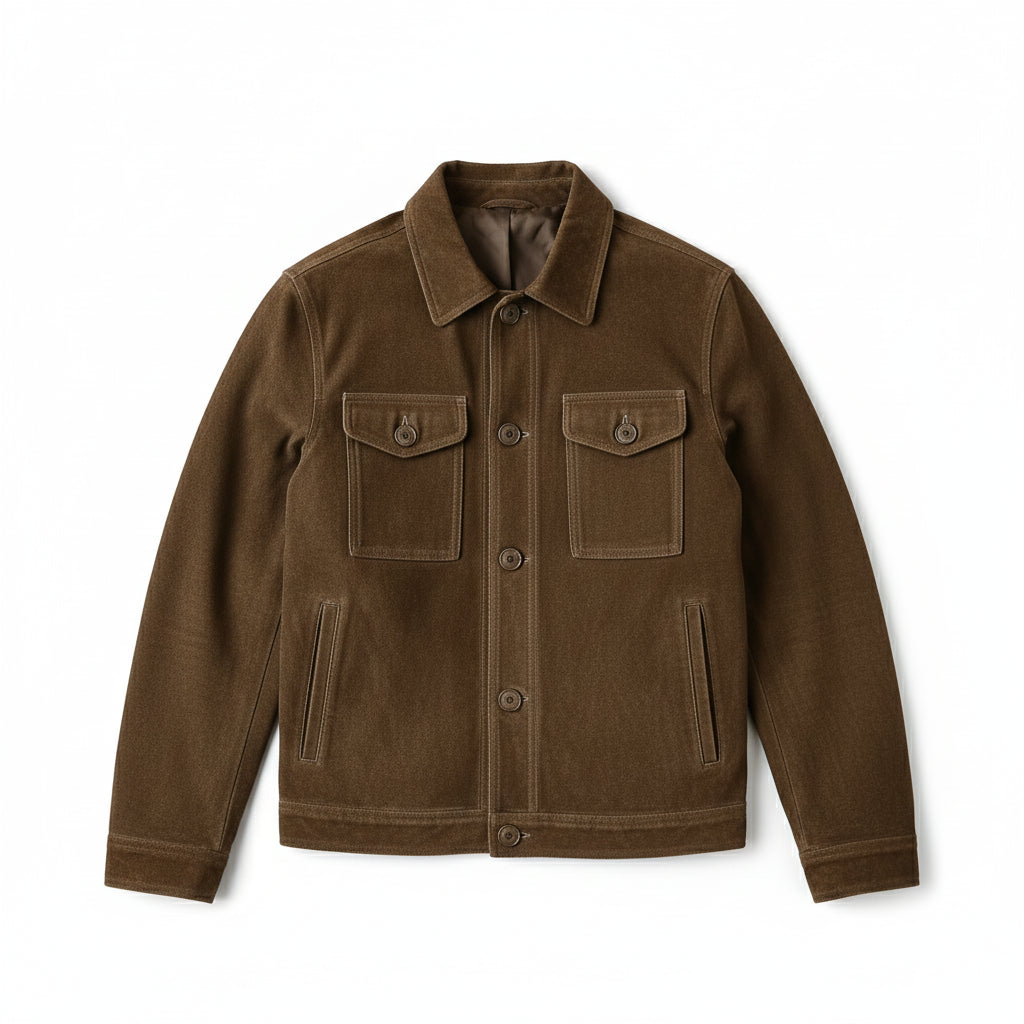 close-up-lay-flat - Men's Field Jacket, Suede Trucker Jacket, Brown Suede Jacket, Suede Outdoor Jacket