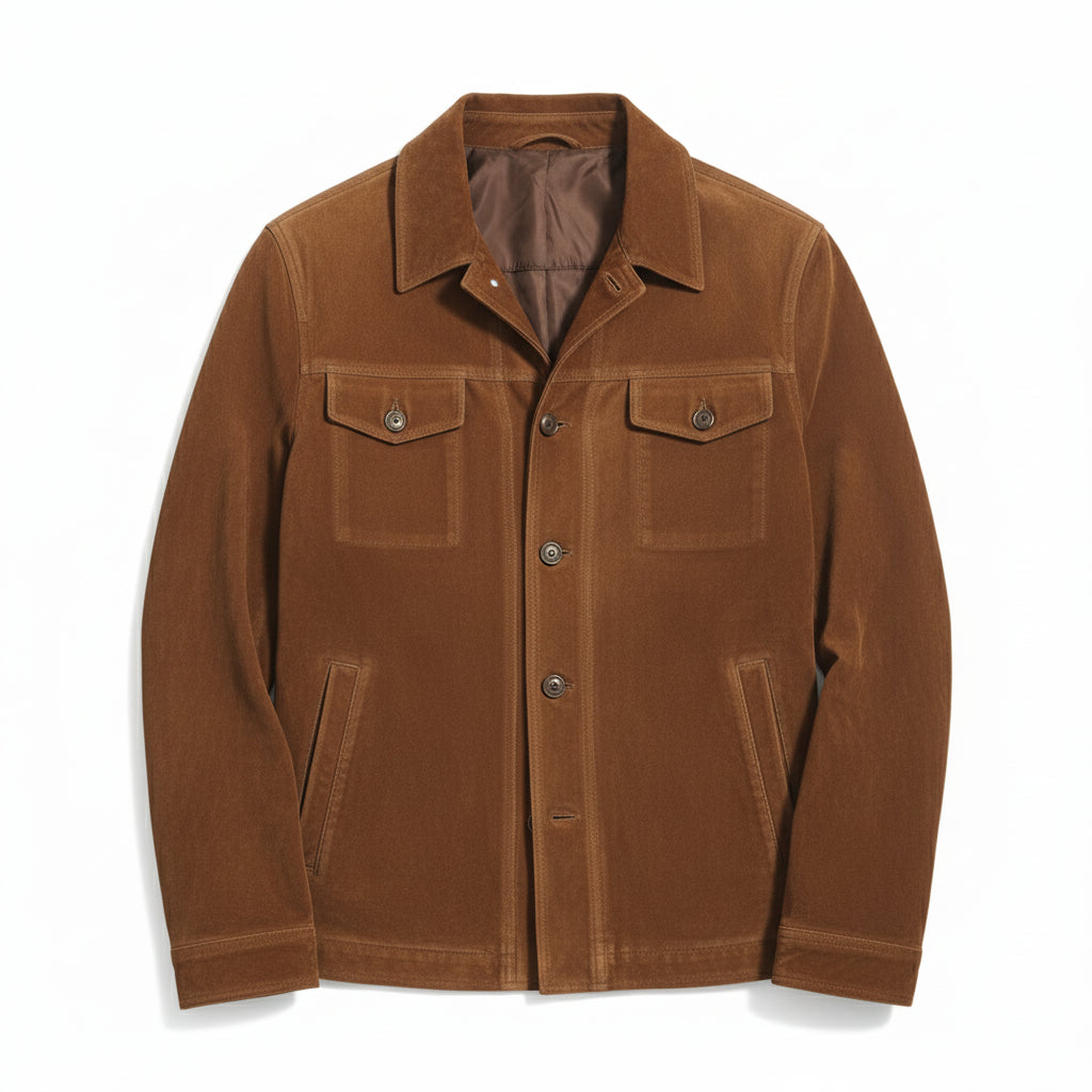 close-up-lay-flat - Men's Field Suede Jacket, Suede Field Jacket, Men's Casual Suede Jacket, Brown Suede Jacket