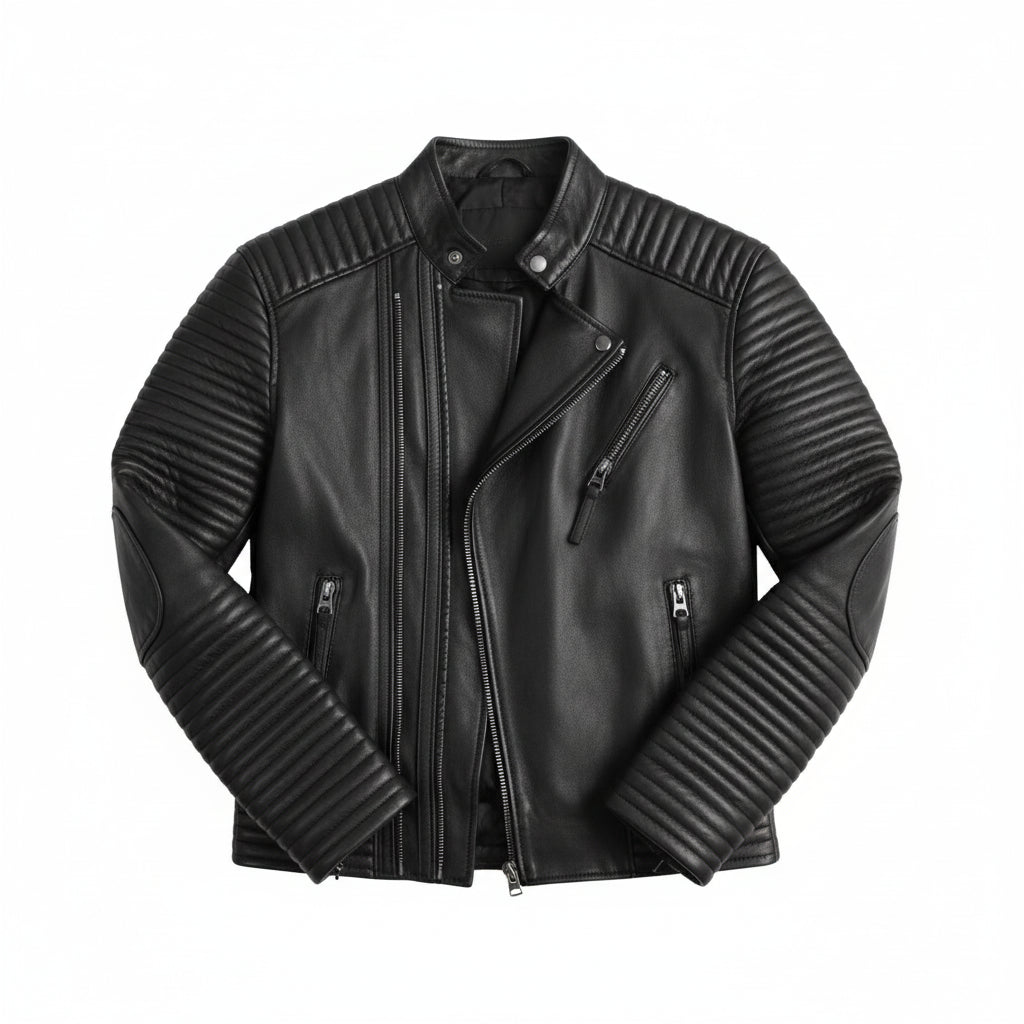 close-up-lay-flat - Mens Leather Jacket Black Quilted Genuine Lambskin Biker Motorcycle