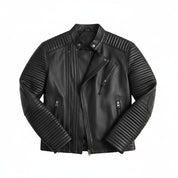 close-up-lay-flat - Mens Leather Jacket Black Quilted Genuine Lambskin Biker Motorcycle