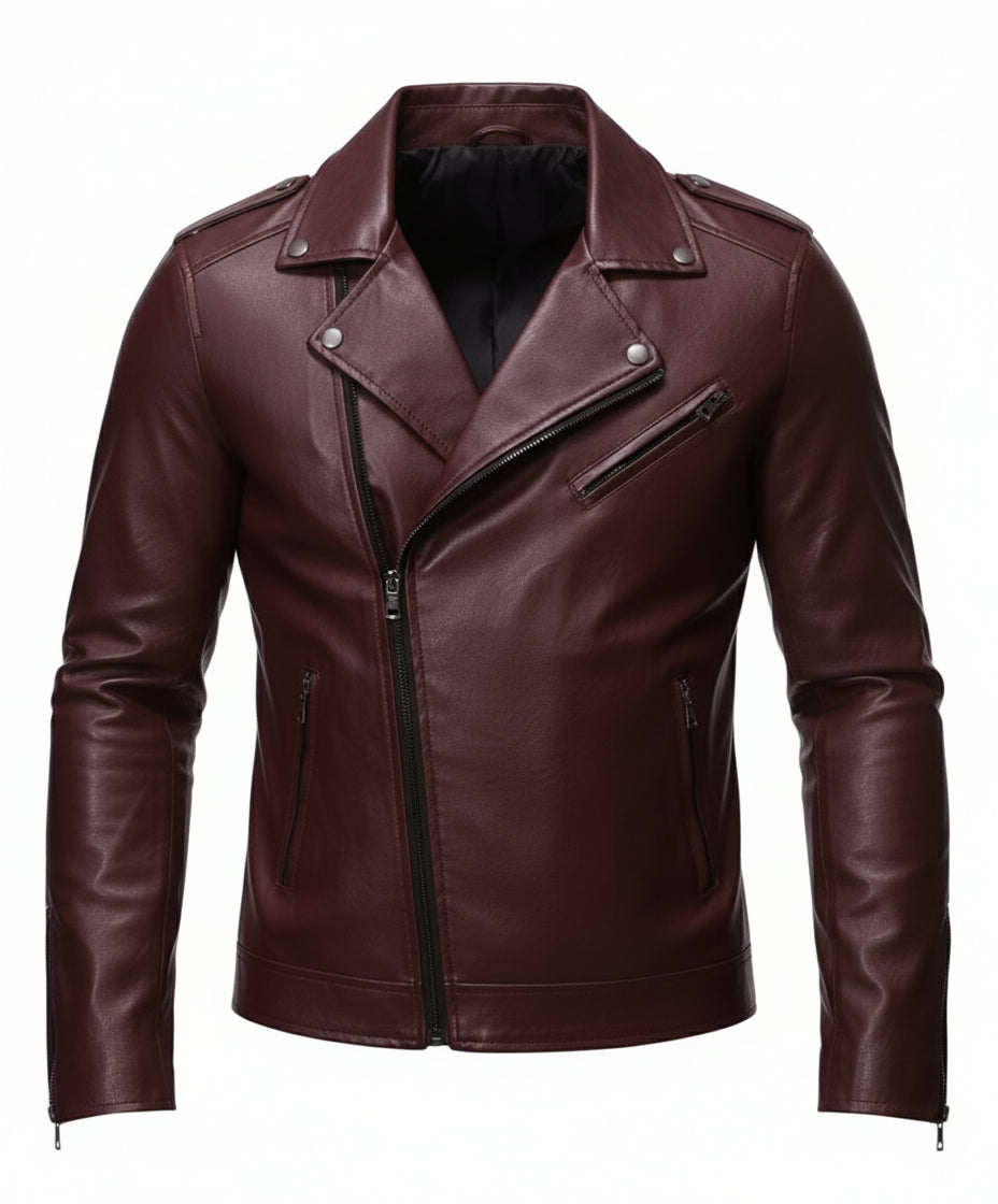 close-up-lay-flat - Mens Maroon biker leather jacket Jacket, maroon leather jacket for men