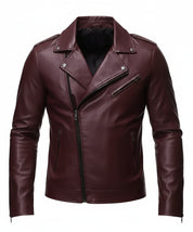 close-up-lay-flat - Mens Maroon biker leather jacket Jacket, maroon leather jacket for men
