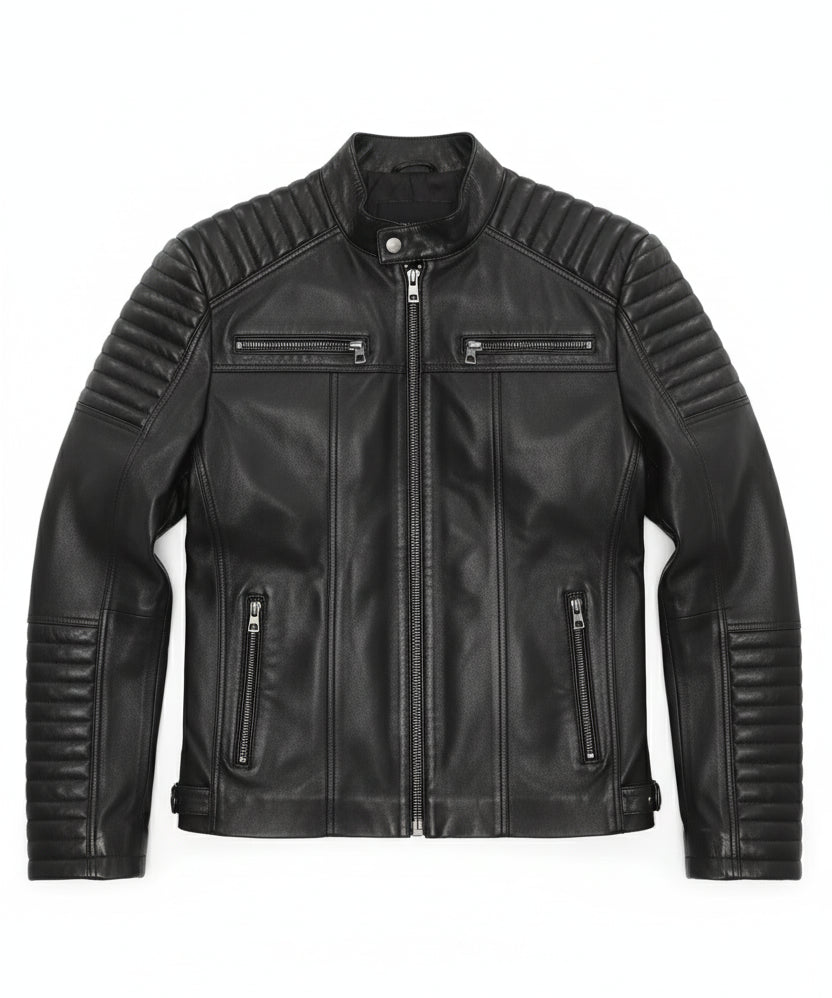 close-up-lay-flat - Men's Moto Leather Jacket, Racer Style Jacket, Leather Motorcycle Jacket, Biker Jacket