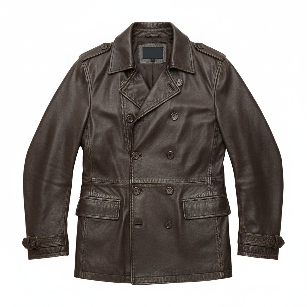 close-up-lay-flat - Men's Pea Coat Leather Jacket, Leather Pea Coat, Leather Outerwear, Men's Leather Jacket