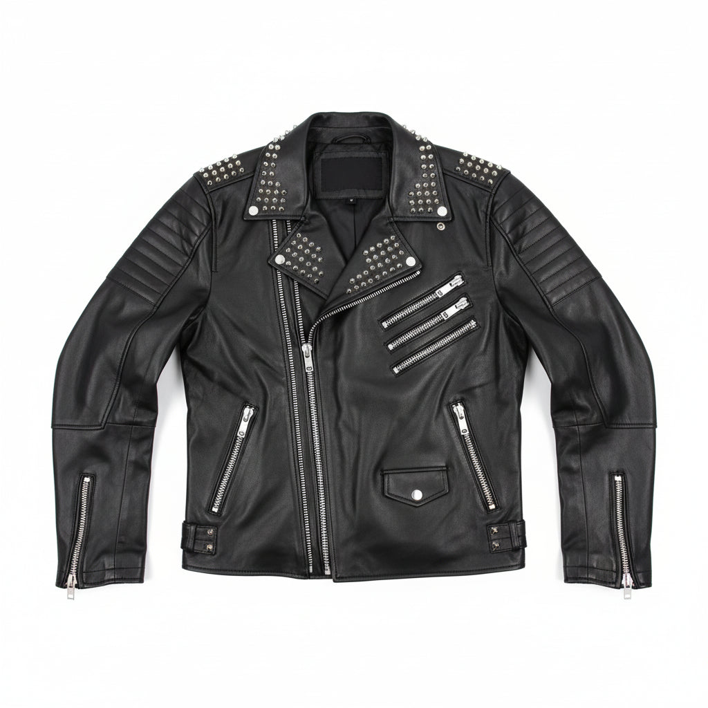 close-up-lay-flat - Men's Punk Rock Black Leather Jacket with Studs