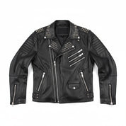 close-up-lay-flat - Men's Punk Rock Black Leather Jacket with Studs