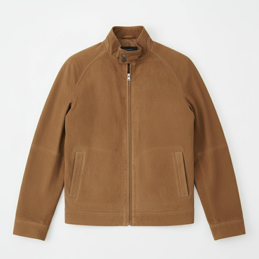 close-up-lay-flat - Men's Racer Suede Jacket, Men's Suede Jacket, Racer Style Jacket, Lightweight Suede Jacket