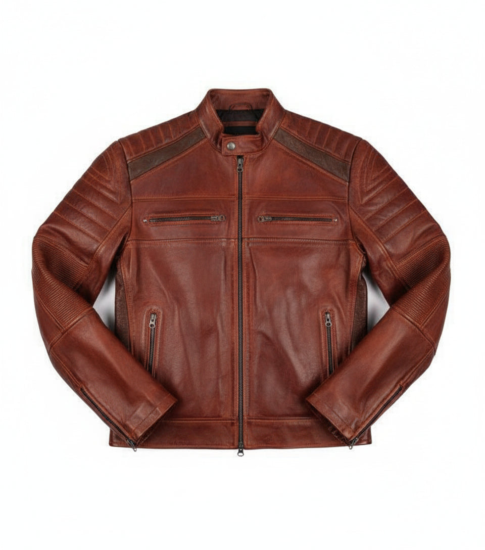 close-up-lay-flat - Mens Retro Cafe Racer Biker Distressed Browm Motorcycle Leather Jacket