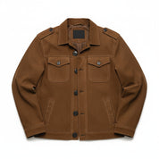 close-up-lay-flat - Men's Safari Jacket, Suede Leather Jacket, Men's Field Jacket, Cognac Brown Suede Jacket