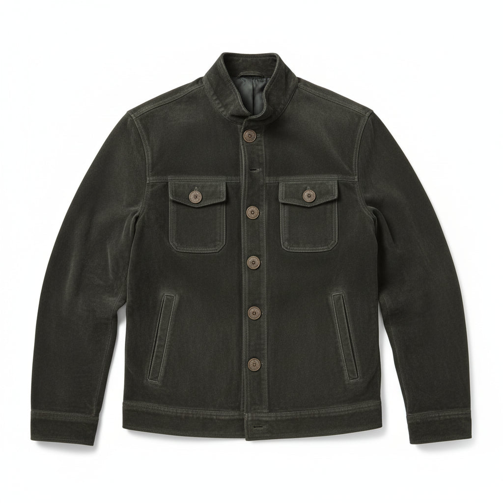 close-up-lay-flat - Men's Shirt Jacket, Men's Utility Jacket, Olive Green Suede Jacket, Casual Suede Jacket