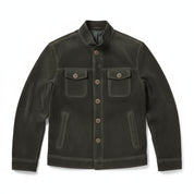 close-up-lay-flat - Men's Shirt Jacket, Men's Utility Jacket, Olive Green Suede Jacket, Casual Suede Jacket