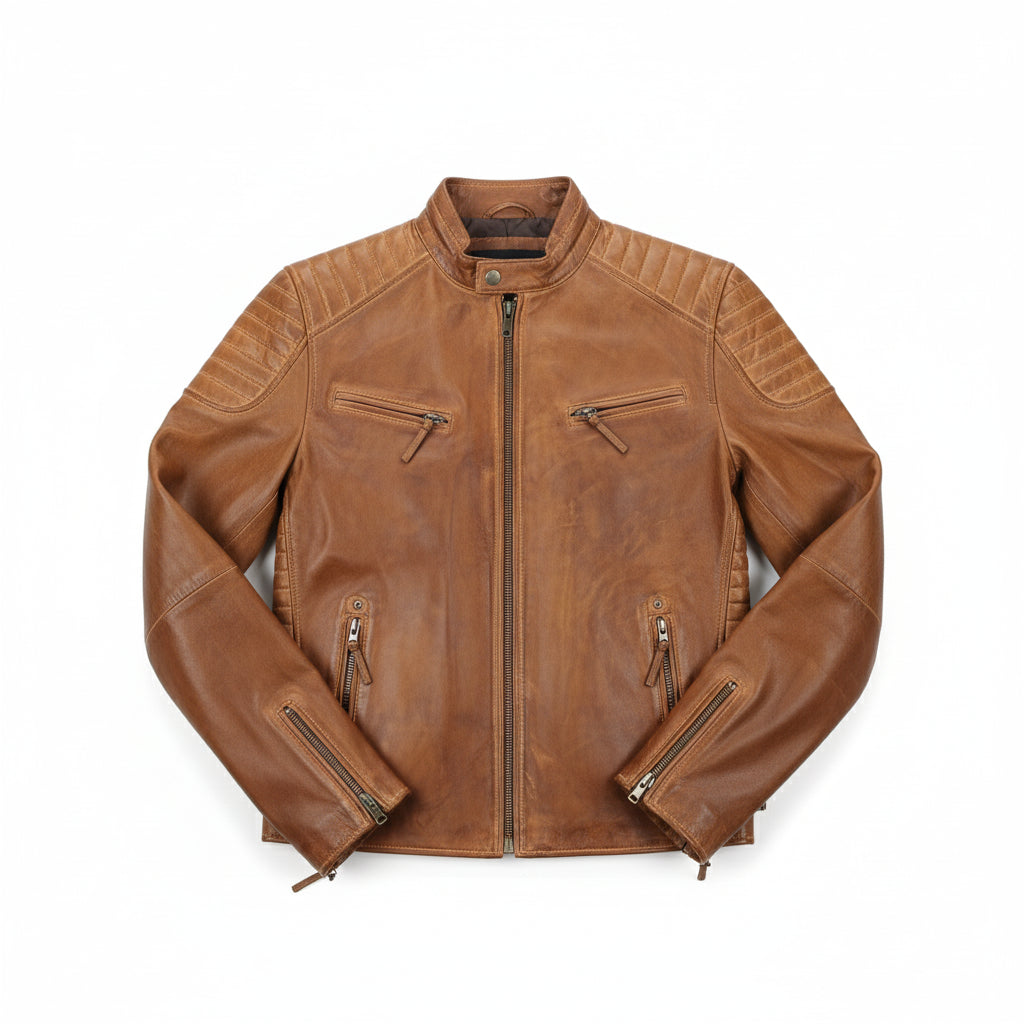 close-up-lay-flat - Men's Slim Fit Antique Washed Brown Leather Biker Jacket, Men's Retro Zip Leather Jacket in Brown