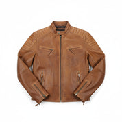 close-up-lay-flat - Men's Slim Fit Antique Washed Brown Leather Biker Jacket, Men's Retro Zip Leather Jacket in Brown