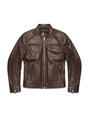 close-up-lay-flat - Men's Slim Fit Brown Leather Jacket