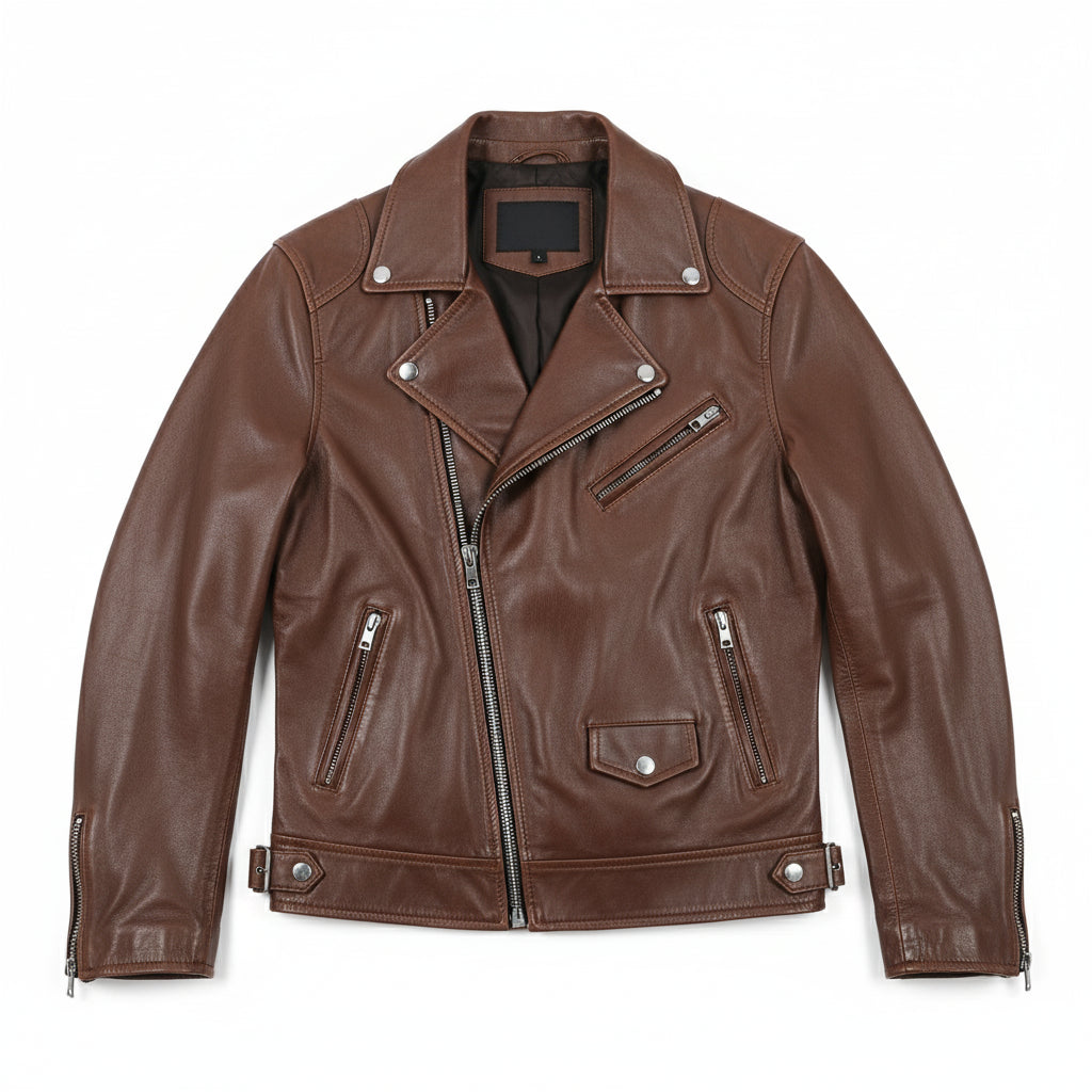 close-up-lay-flat - Men's Slim Fit Brown Motorcycle Leather Jacket