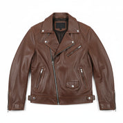 close-up-lay-flat - Men's Slim Fit Brown Motorcycle Leather Jacket