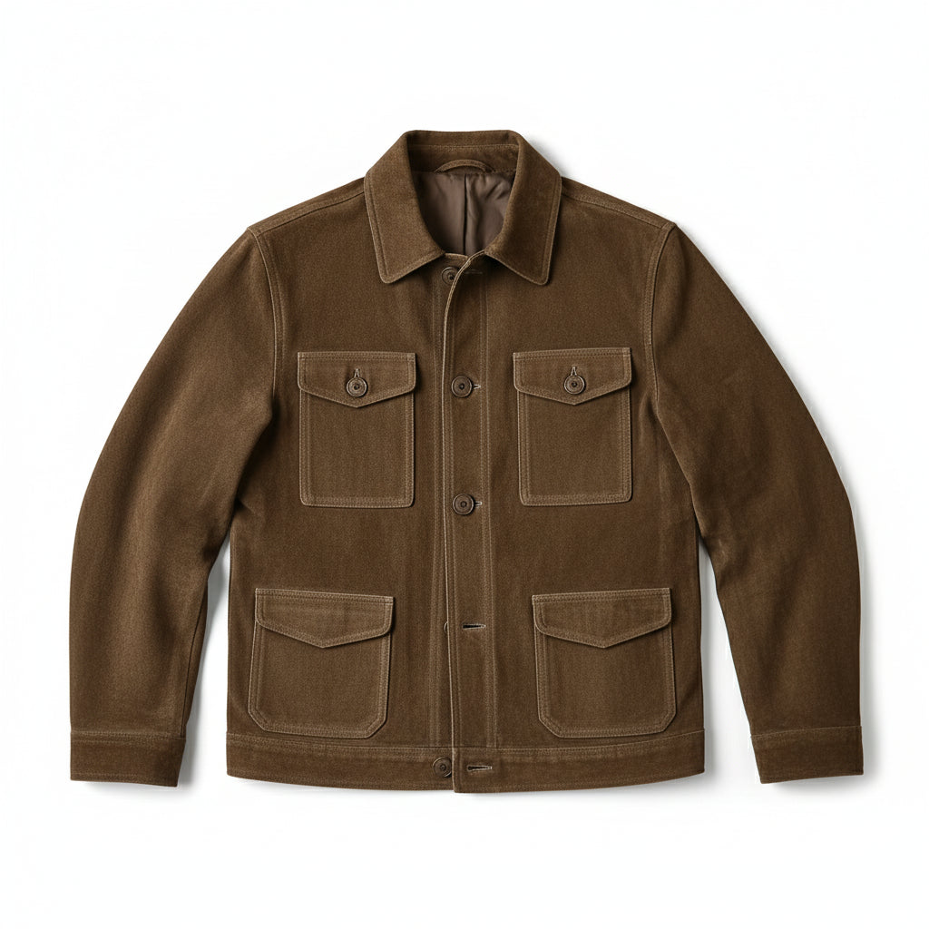 close-up-lay-flat - Men's Suede Jacket, Brown Suede Shirt Jacket, Suede Workwear Jacket, Button-Front Suede Jacket