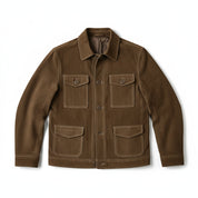 close-up-lay-flat - Men's Suede Jacket, Brown Suede Shirt Jacket, Suede Workwear Jacket, Button-Front Suede Jacket