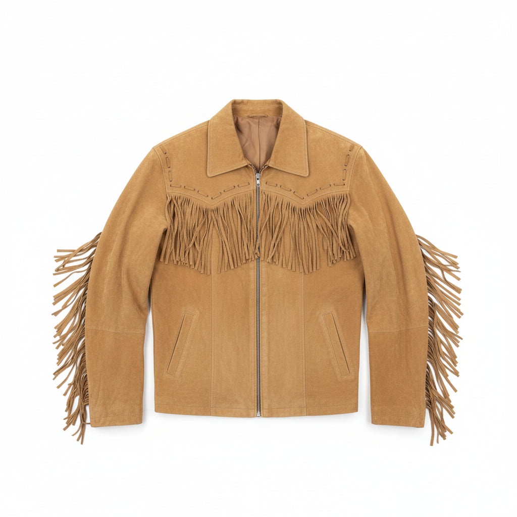 close-up-lay-flat - Men's Suede Leather Fringes Jacket Cowboy, Suede Leather Cowboy Jacket for Men