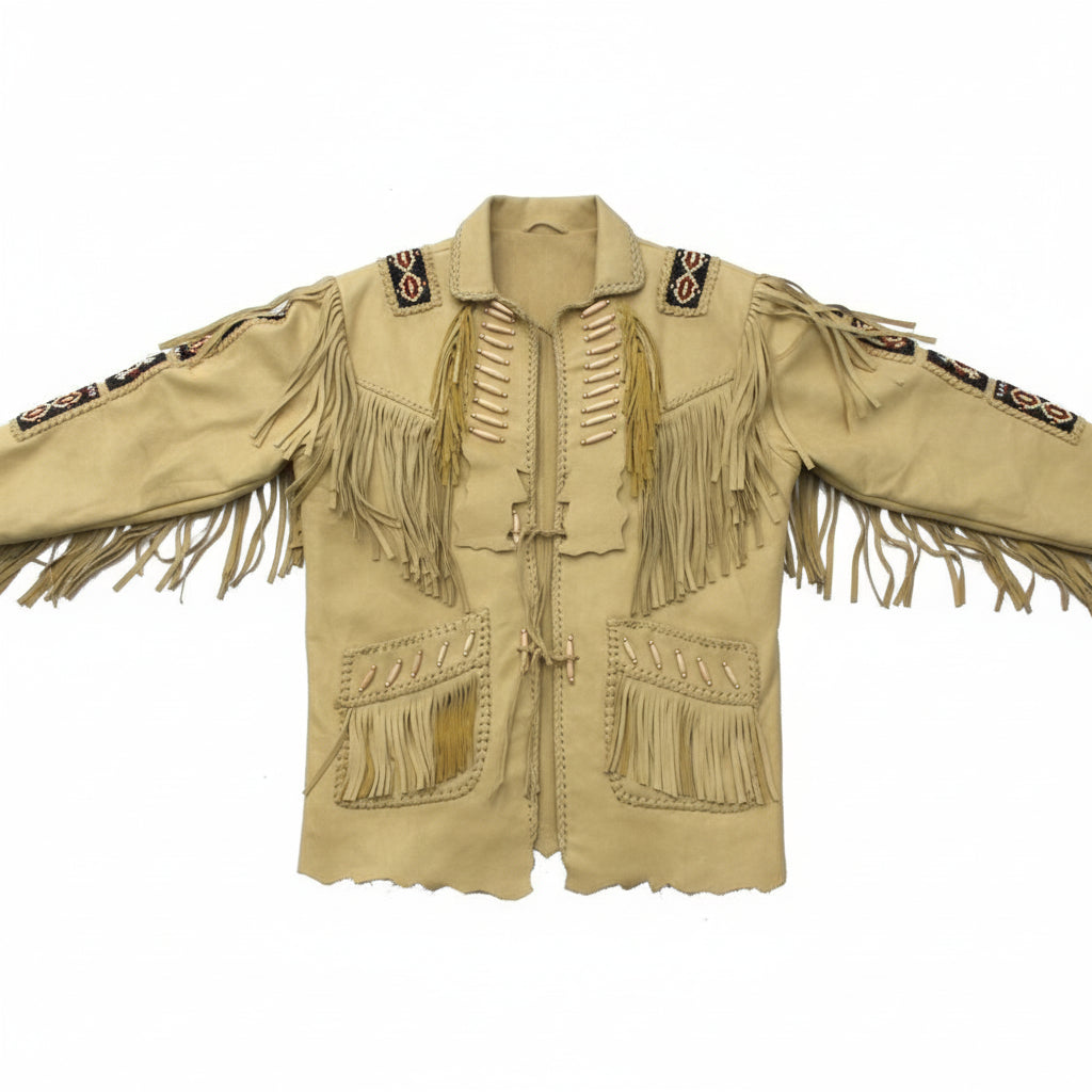 close-up-lay-flat - Mens Suede Leather Jacket Western Wear Cowboy Coat Fringe Bead & Bones Work