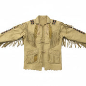 close-up-lay-flat - Mens Suede Leather Jacket Western Wear Cowboy Coat Fringe Bead & Bones Work