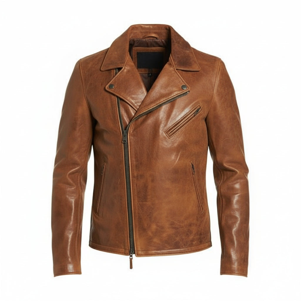 close-up-lay-flat - Men's Tan brown Leather Brando Jacket, Genuine Brown leather Biker Jacket