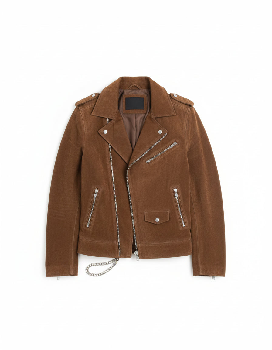close-up-lay-flat - Mens Tan brown Suede biker Jacket, Men brown biker suede leather Jacket
