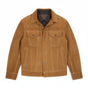close-up-lay-flat - Men's Tan Brown Suede Trucker Jacket