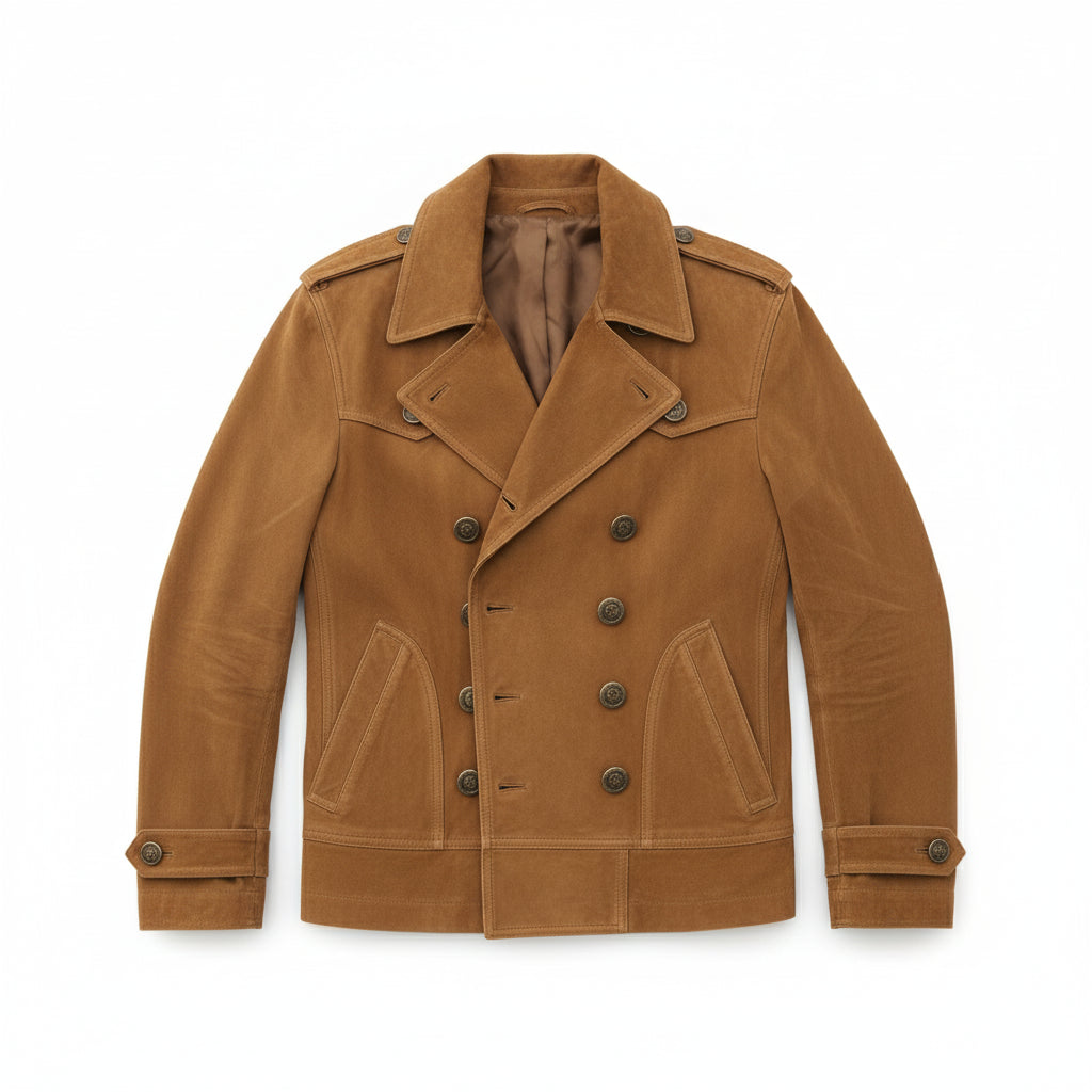 close-up-lay-flat - Men's Trench Jacket, Suede Pea Coat, Military Style Jacket, Double-Breasted Leather Coat