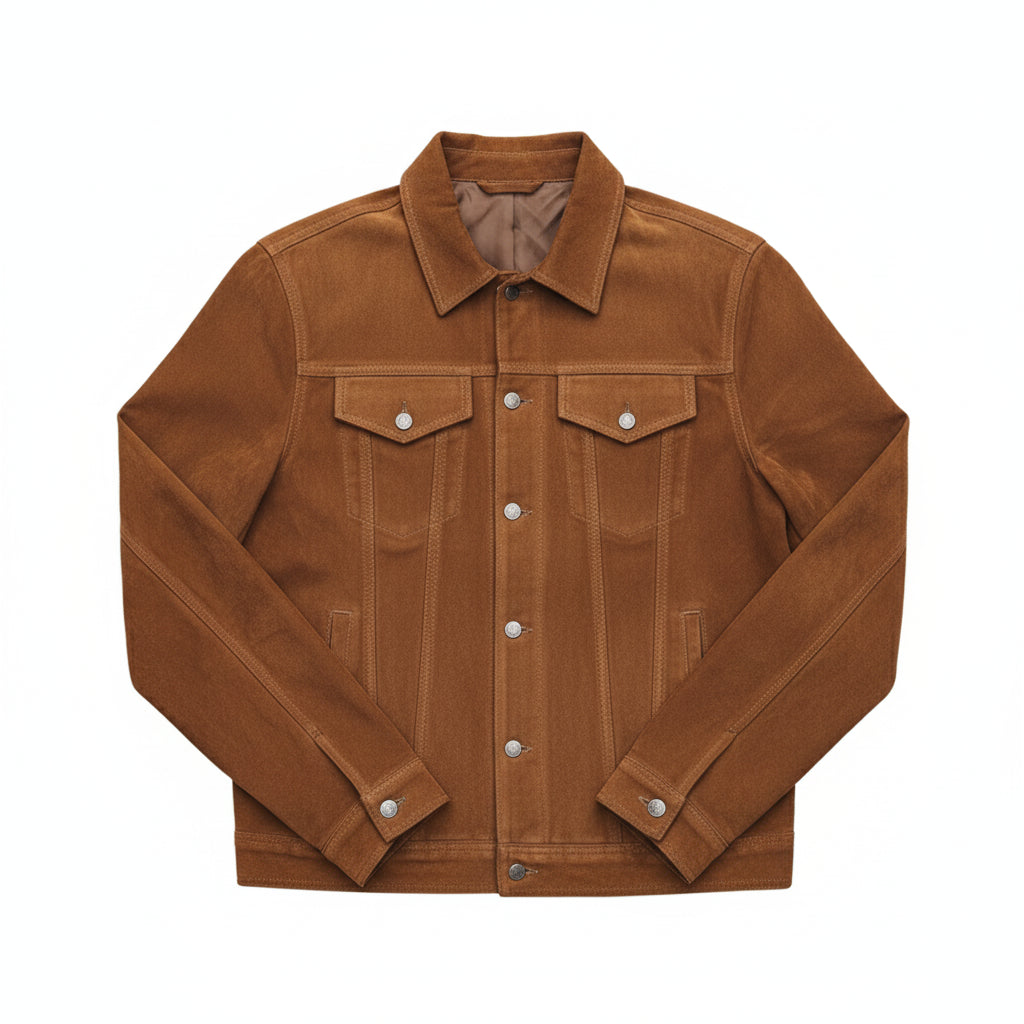 close-up-lay-flat - Men's Trucker Suede Jacket, Brown Suede Jacket, Casual Men's Jacket, Button Front Suede Jacket