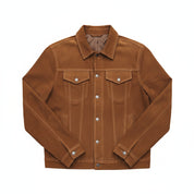 close-up-lay-flat - Men's Trucker Suede Jacket, Brown Suede Jacket, Casual Men's Jacket, Button Front Suede Jacket