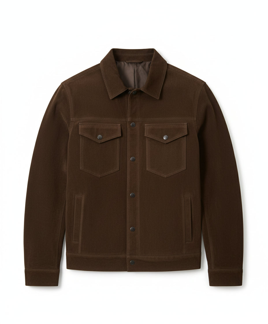 close-up-lay-flat - Men's Trucker Suede Jacket, Classic Suede Jacket, Casual Men's Jacket, Dark Brown Trucker Jacket