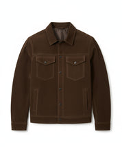 close-up-lay-flat - Men's Trucker Suede Jacket, Classic Suede Jacket, Casual Men's Jacket, Dark Brown Trucker Jacket