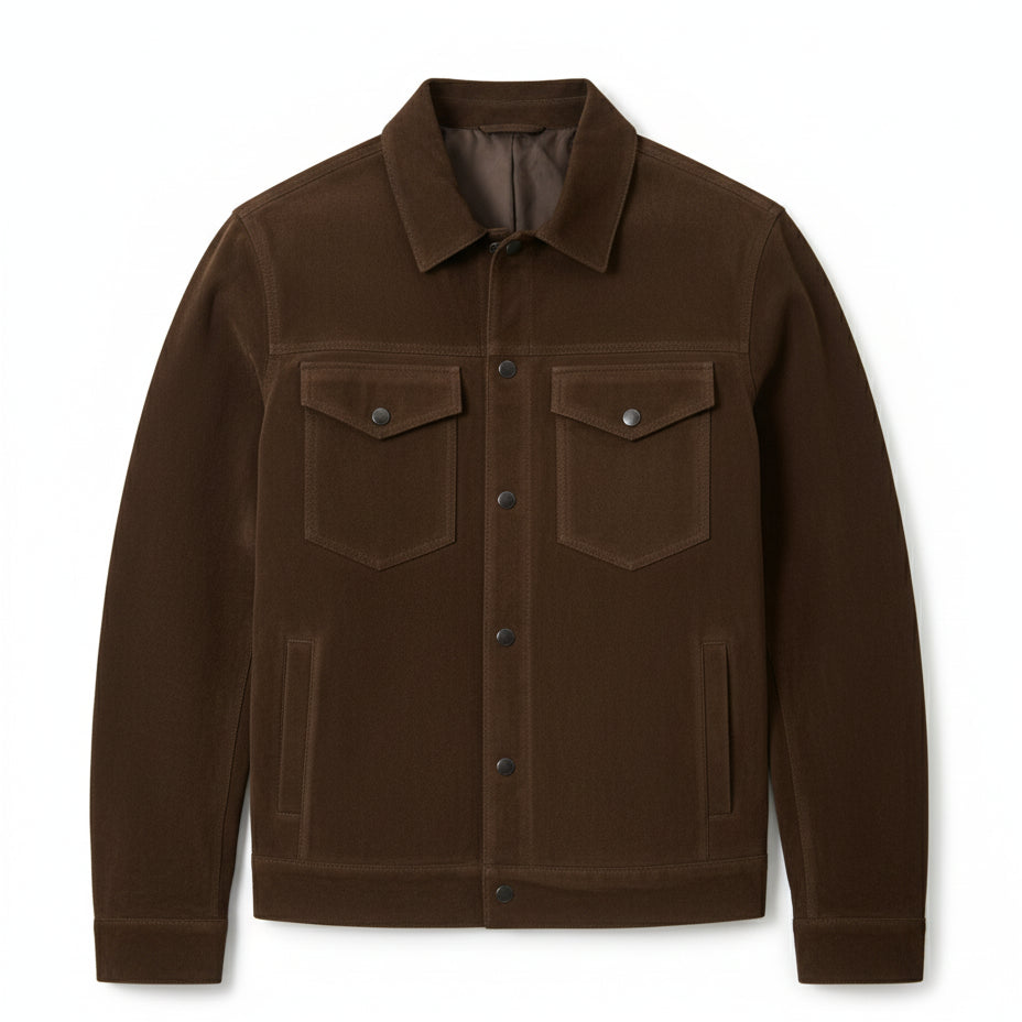 close-up-lay-flat - Men's Trucker Suede Jacket, Classic Suede Jacket, Casual Men's Jacket, Dark Brown Trucker Jacket