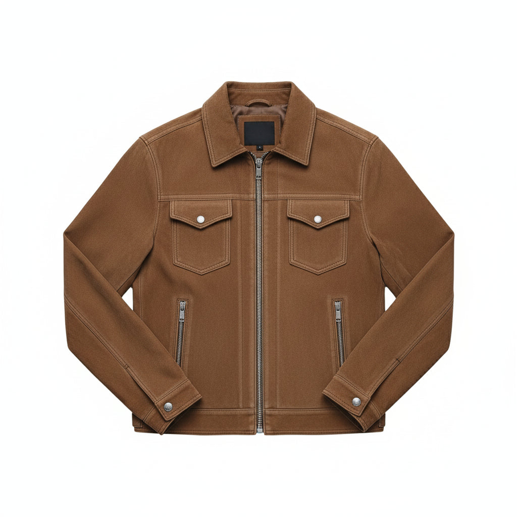 close-up-lay-flat - Men's Trucker Suede Jacket, Men's Suede Jacket, Casual Suede Jacket, Lightweight Suede Jacket