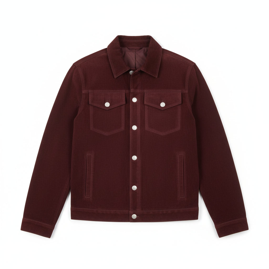 close-up-lay-flat - Men's Trucker Suede Jacket, Suede Jacket for Men, Burgundy Suede Trucker Jacket