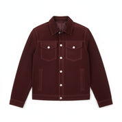 close-up-lay-flat - Men's Trucker Suede Jacket, Suede Jacket for Men, Burgundy Suede Trucker Jacket