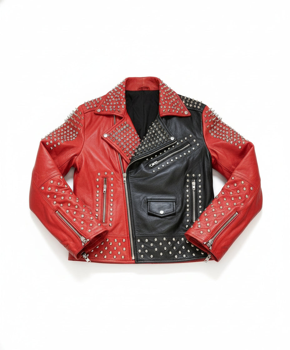 close-up-lay-flat - Mens Two tone Brando Studded Punk Rock Spikes Motorcycle Biker jacket
