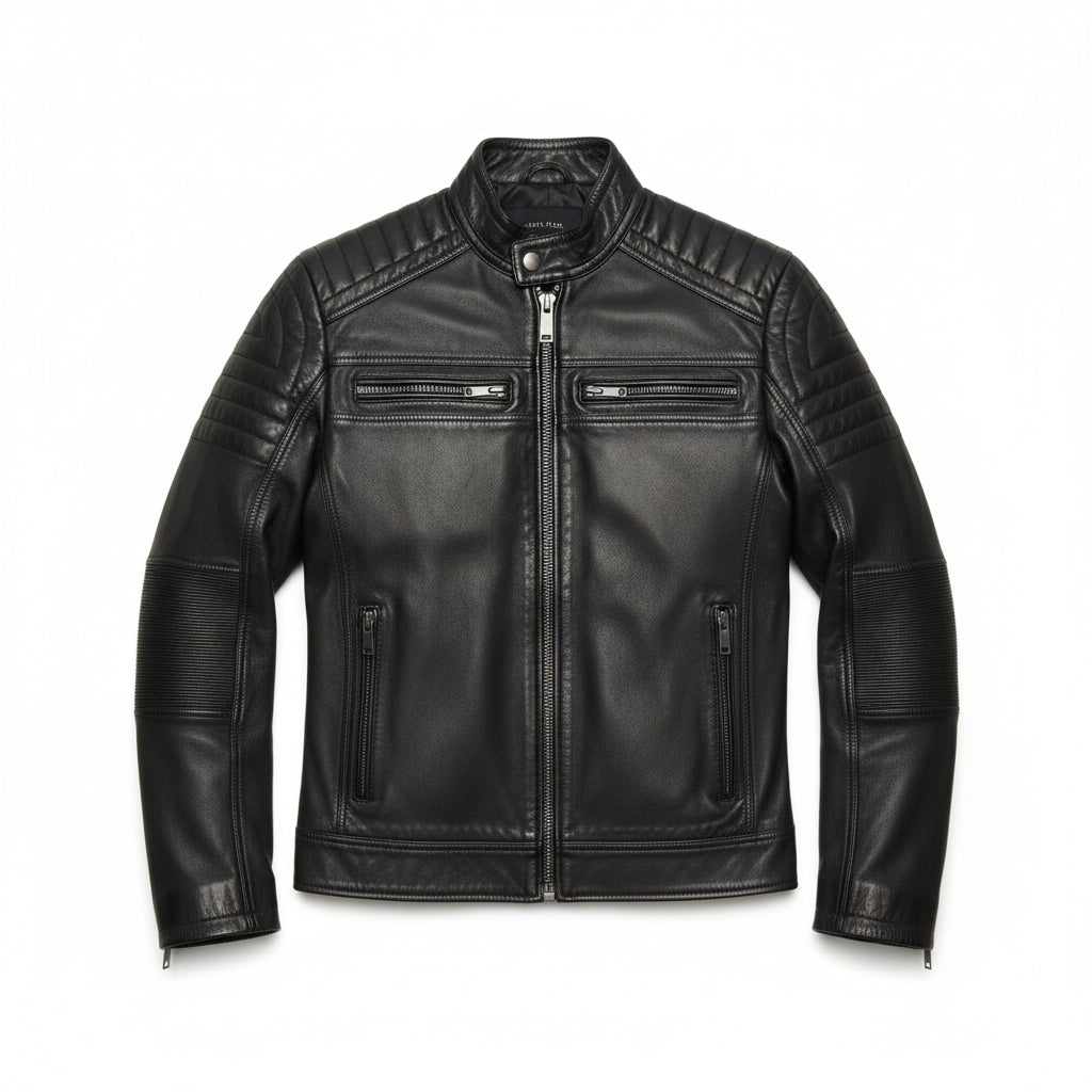 close-up-lay-flat - New Black biker leather jacket, Men black bober leather jacket, men jackets