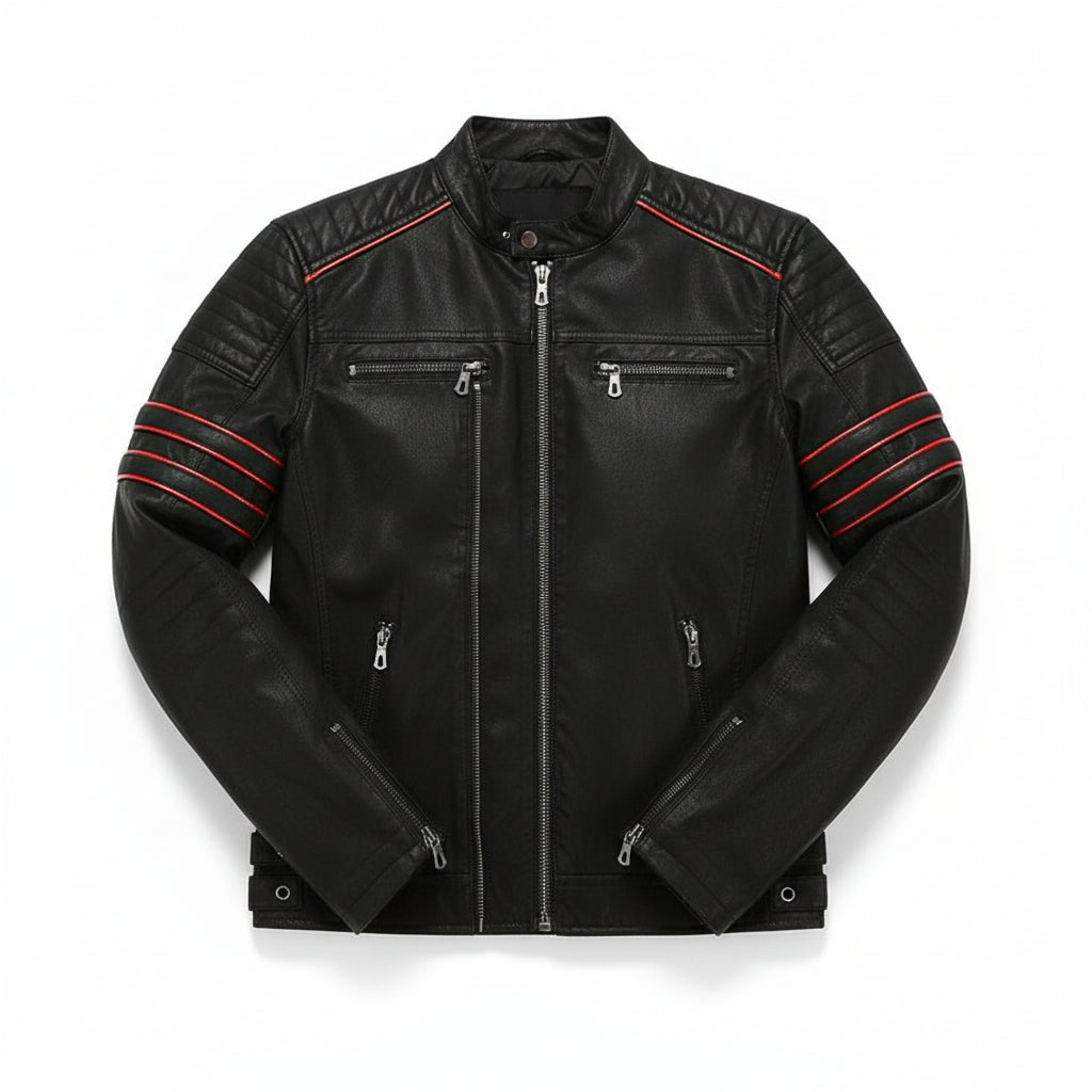 close-up-lay-flat - New Black biker leather jacket, Men black motorcycle jacket, men jackets