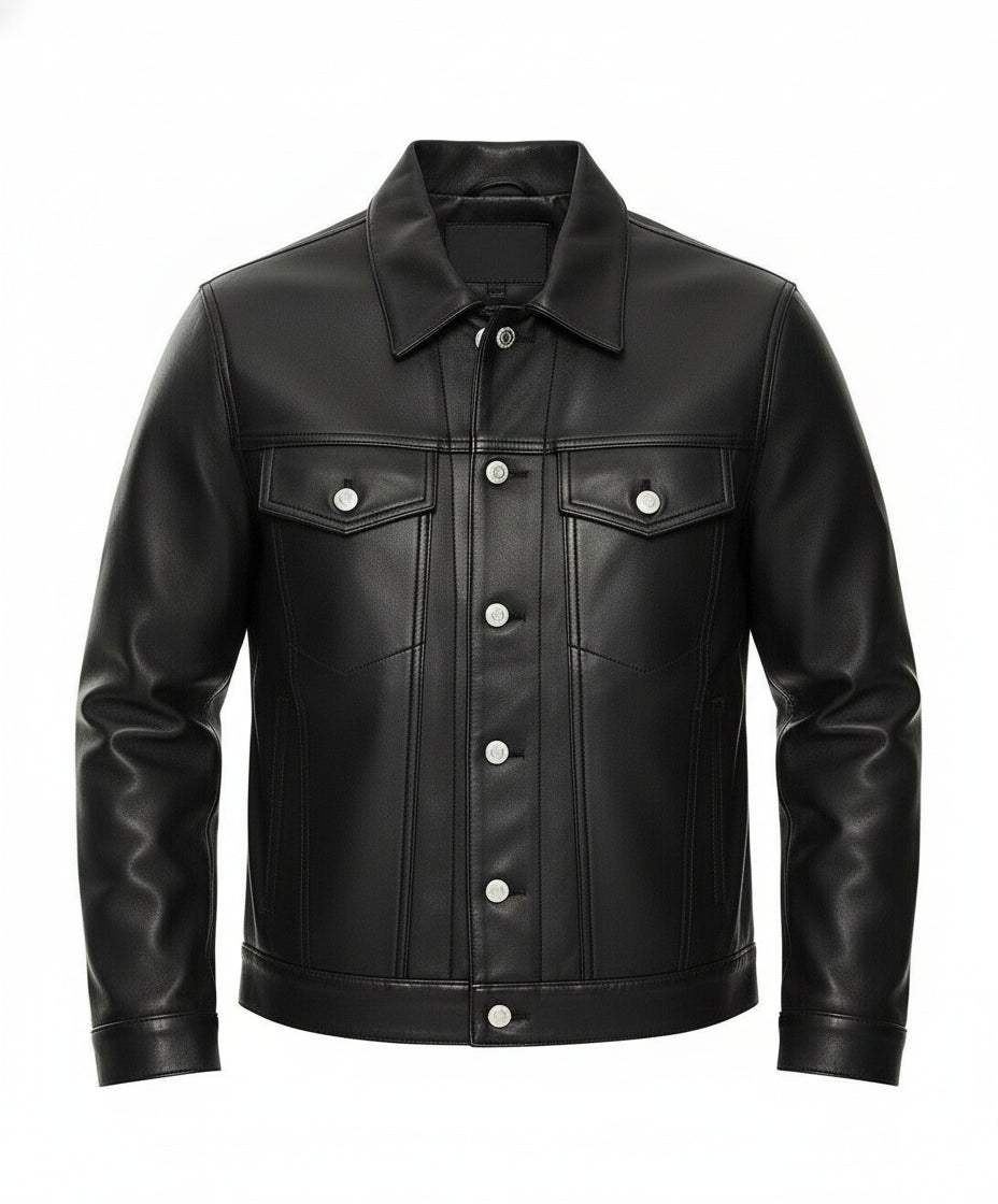 close-up-lay-flat - New Men Black Leather Biker Jackets, Real Leather Button Closure Jackets