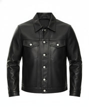 close-up-lay-flat - New Men Black Leather Biker Jackets, Real Leather Button Closure Jackets